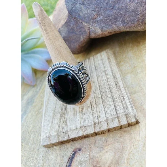 Navajo Sterling Silver & Black Onyx Ring Size 13.5 Signed